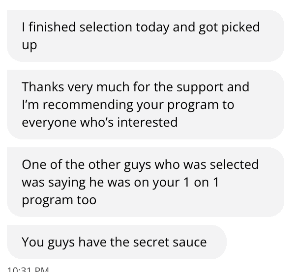 Messages from successful SASR selection client who excelled at his SFET